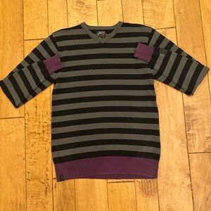 Rusty Black and Gray Striped V-Neck Sweater with Purple Accents